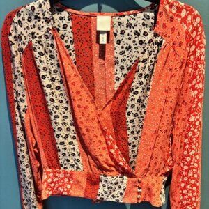 H&M Crop Top Womens Red Orange Black Floral V Neck Peasant Sleeve Boho Blouse